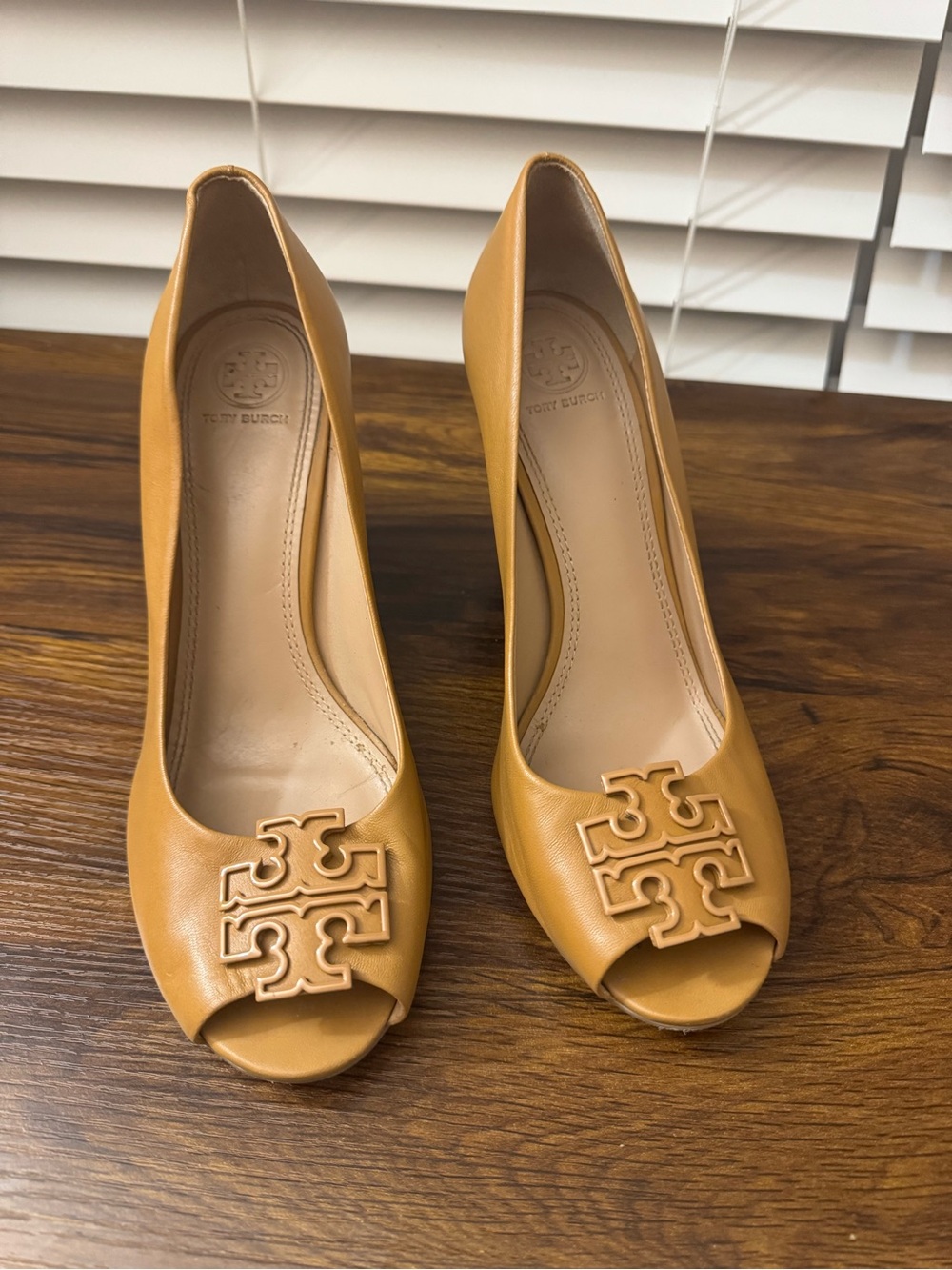 Tory Burch Women's Tan Leather Lowell Peep-Toe Wedge Heels